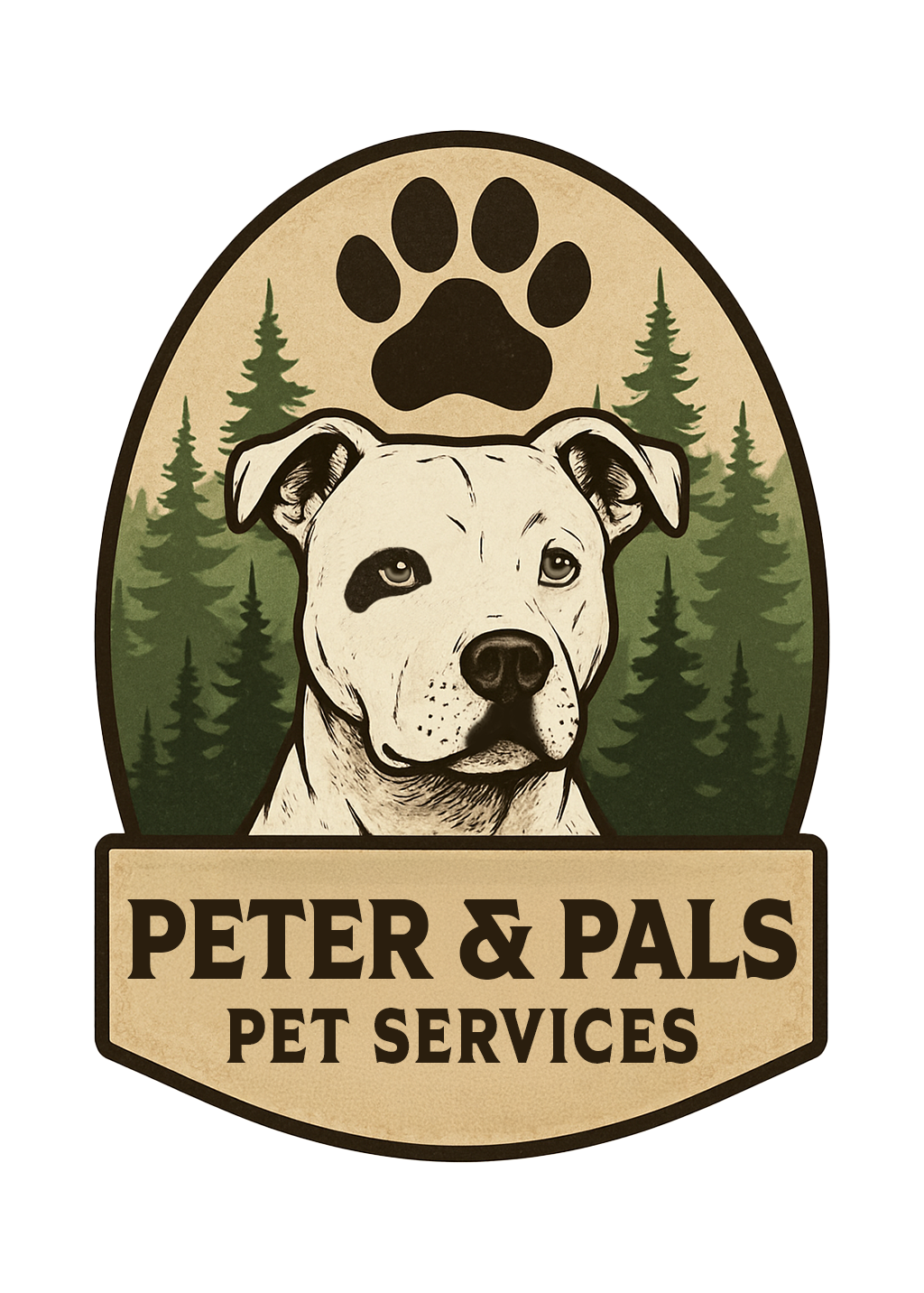 Logo featuring a portrait of a dog with two different colored eyes, a paw print above, and background of pine trees; text reads 'Peter & Pals Pet Services'